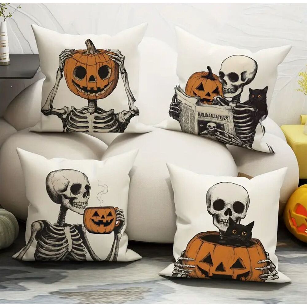 4 Pack Halloween Skeleton Skull Pumpkin Square Throw Pillow Covers Gothic Grunge
